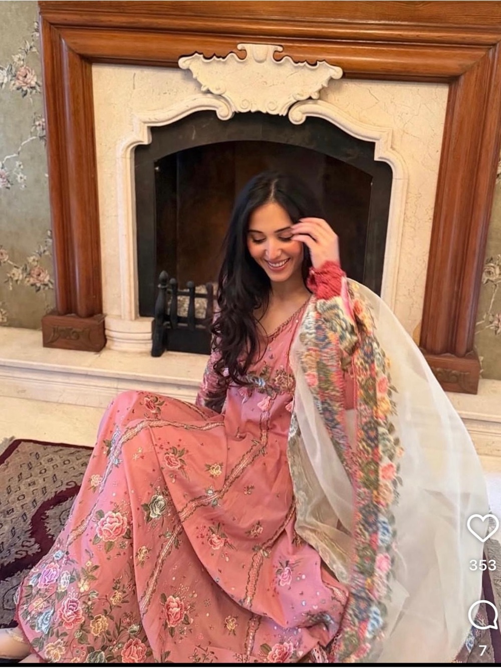 Embroidered Pink Floral Maxi Dress with Ivory Dupatta - Picture 3 of 4